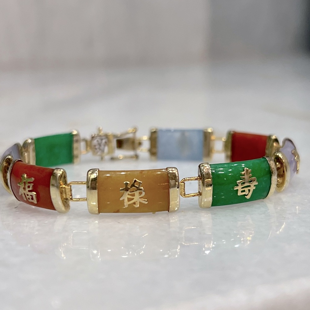 Multicolor Jade Asian Symbols 14K YG Sterling Silver Bracelet